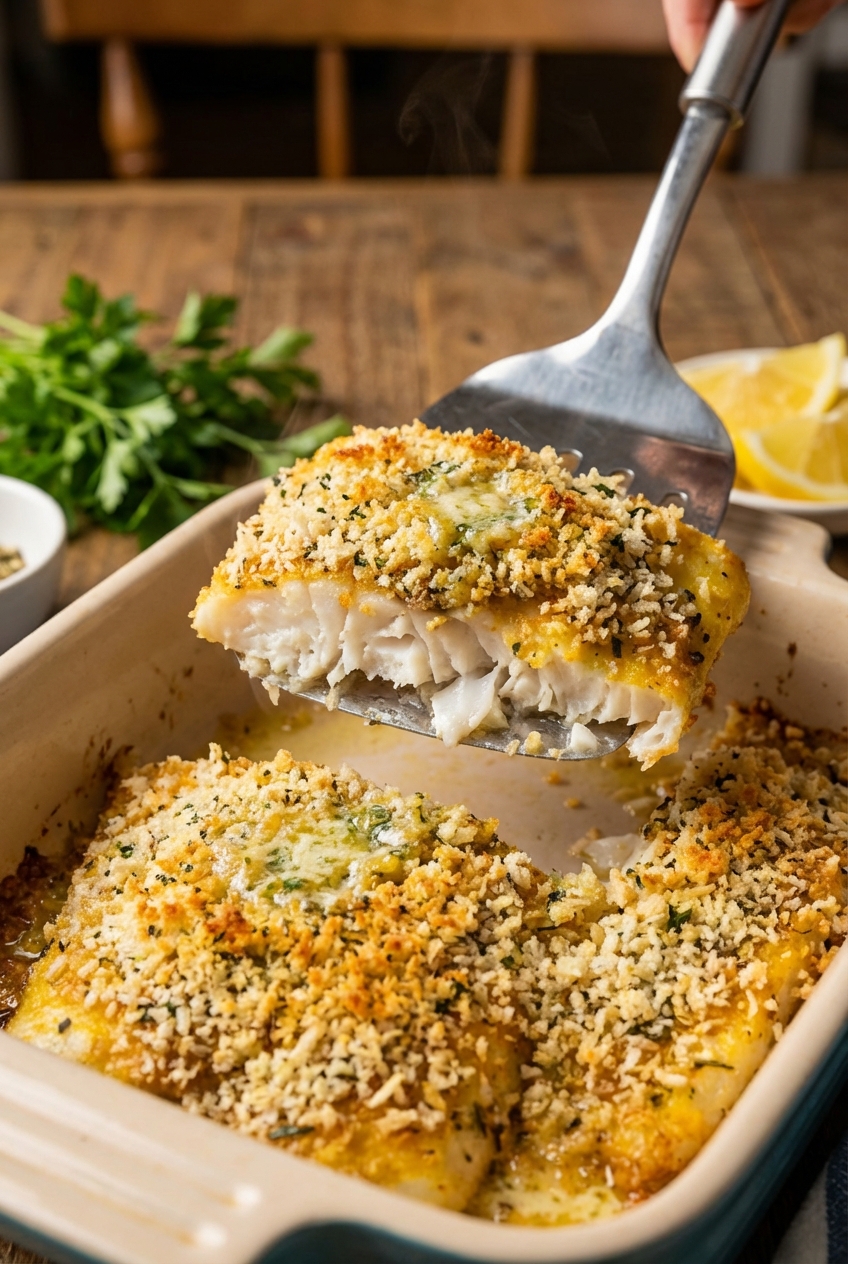 Baked haddock being served with a spatula, showing flaky fish and a crisp breadcrumb topping