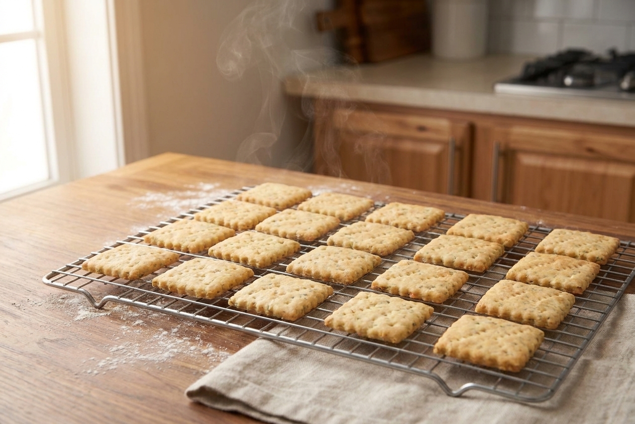 Baked hardtack crackers cooling on a wire rack on a kitchen counter under warm natural light