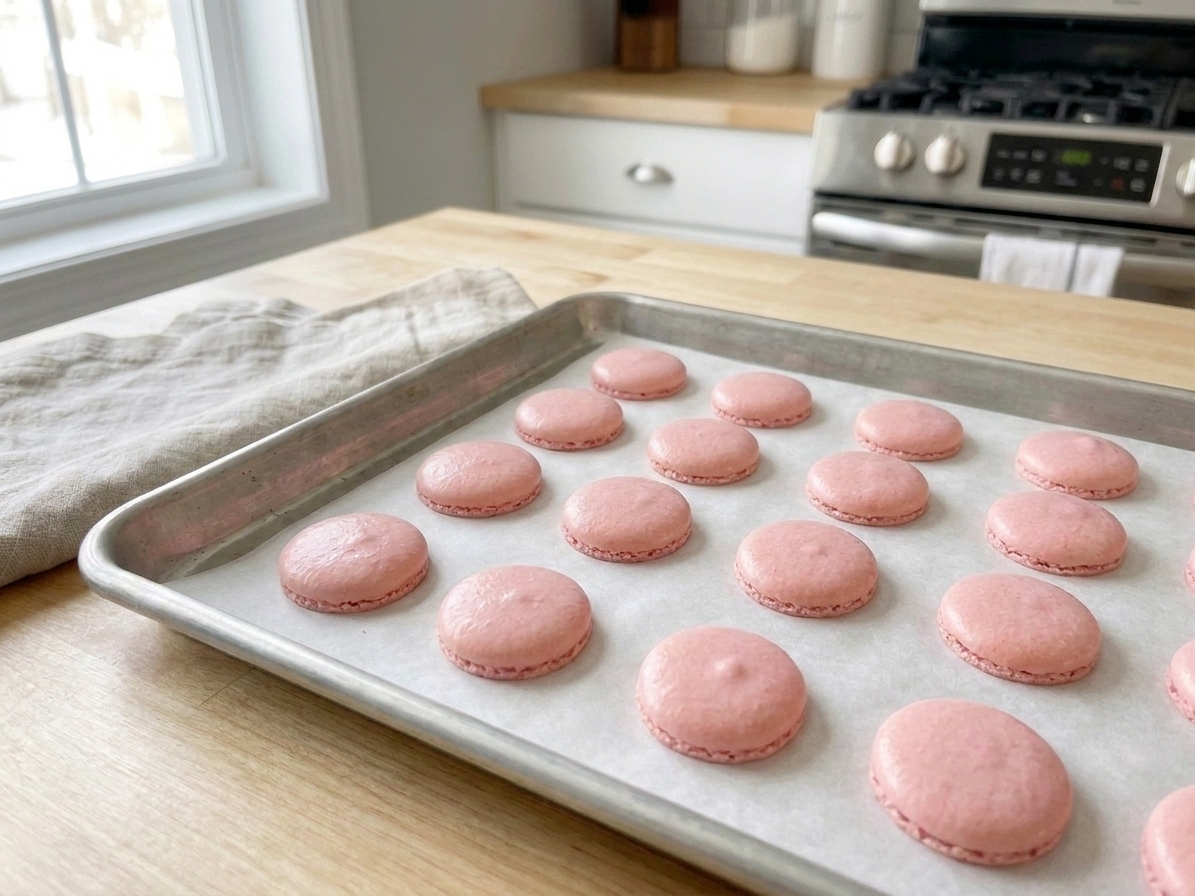 Baked macaron shells with ruffled feet cooling on a baking sheet on a clean kitchen counter