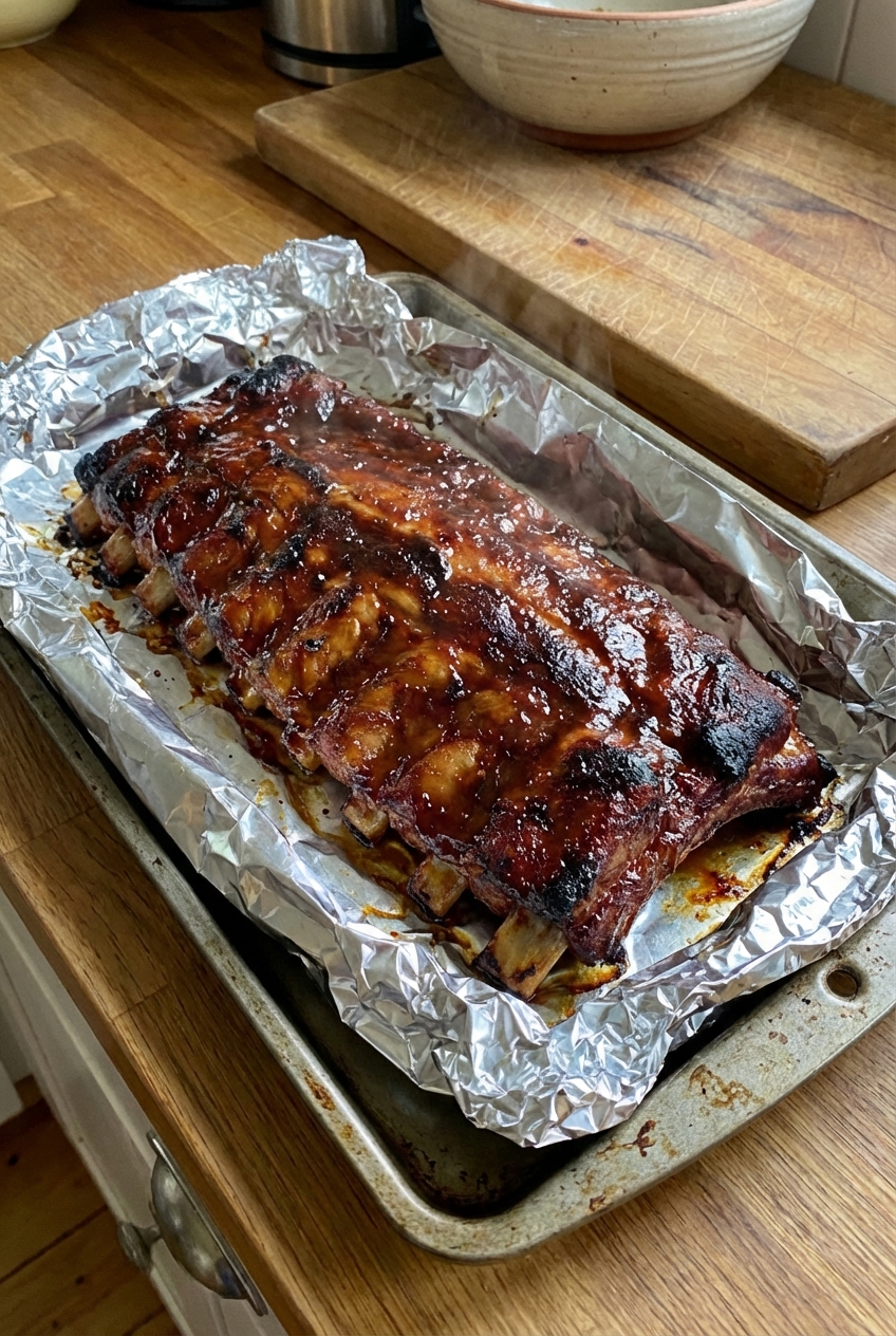 Baked pork ribs on a sheet pan with foil crimped around the edges