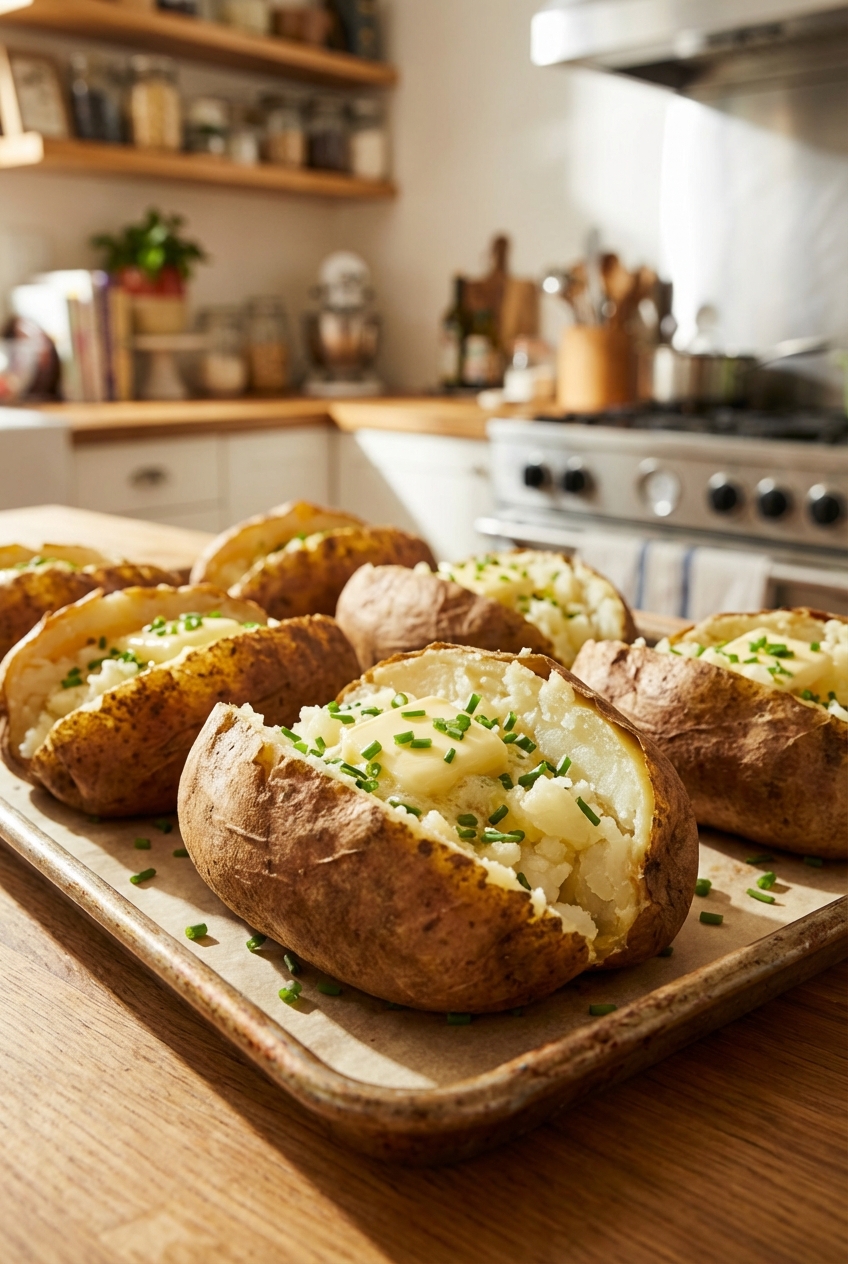 Baked potatoes split open and topped with butter and chives on a baking sheet