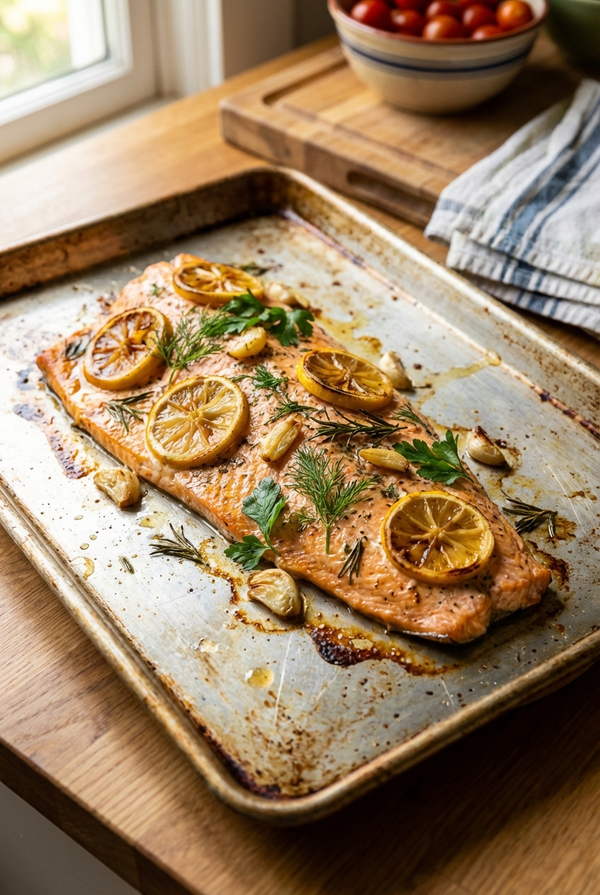 Baked salmon fillet with lemon slices and herbs on a sheet pan