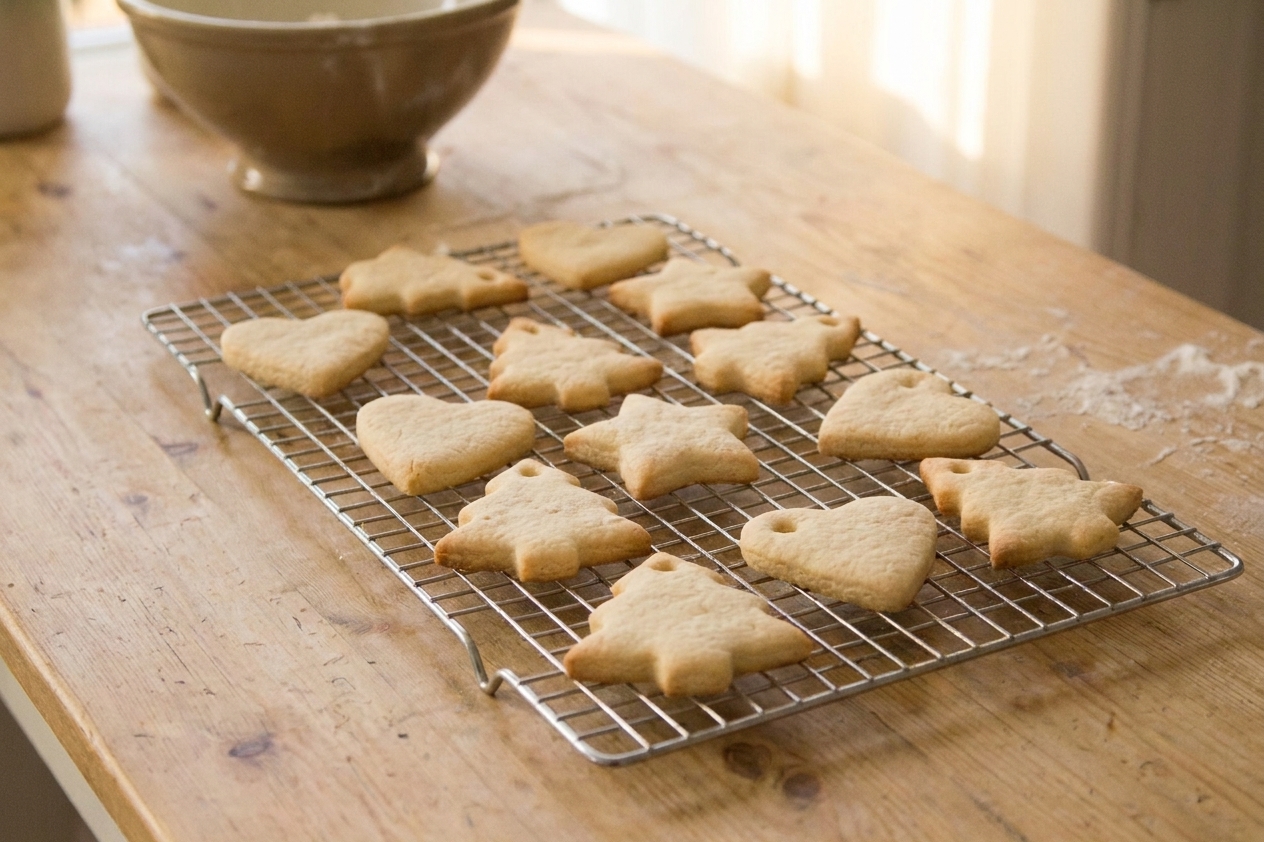 Baked salt dough ornaments cooling on a wire rack on a kitchen counter