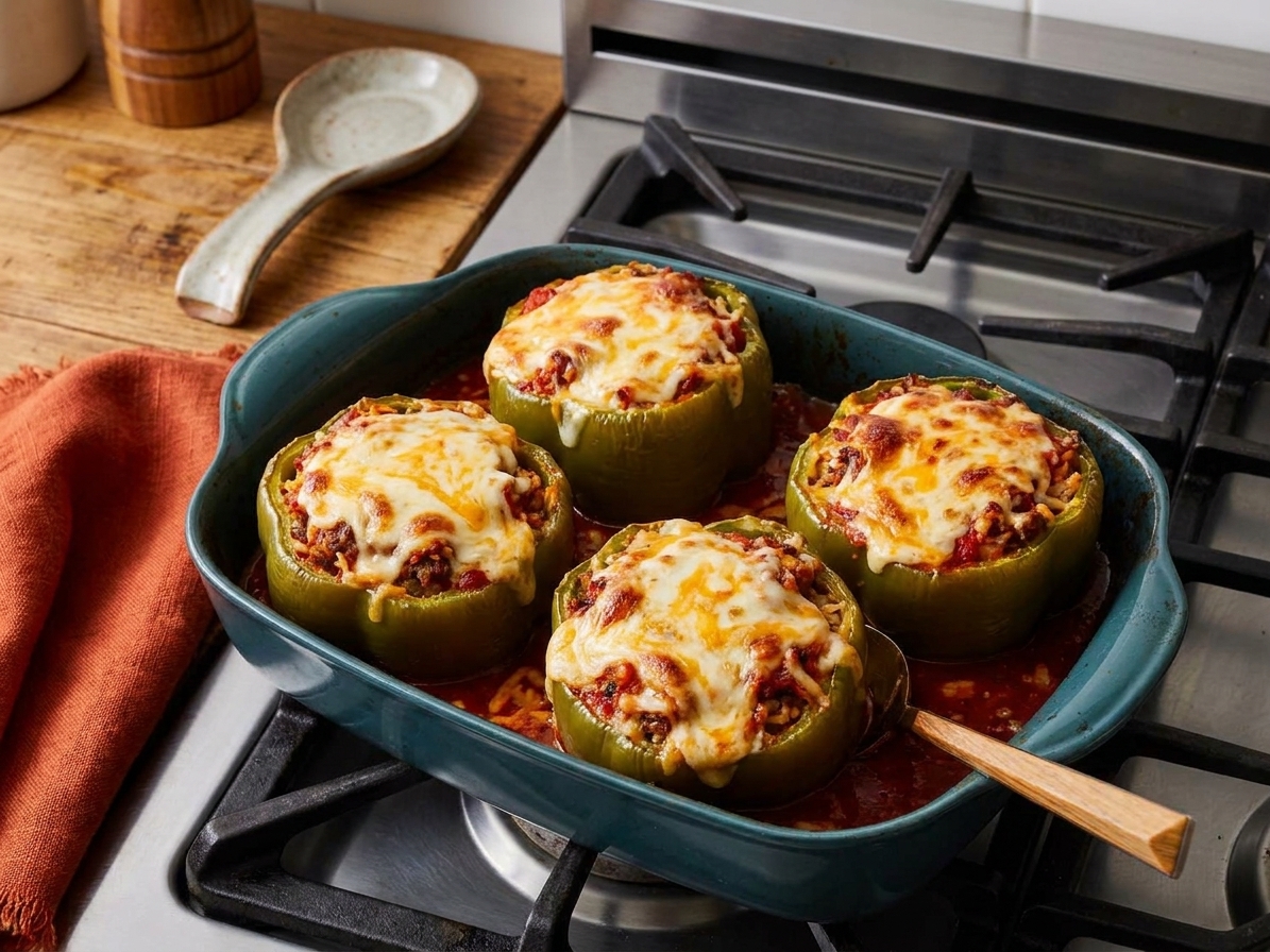 Baked stuffed green peppers with browned melted cheese on top in a casserole dish on a stovetop