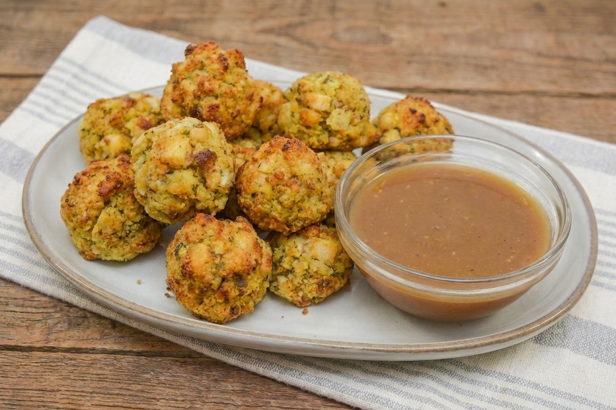Baked stuffing balls with crisp browned edges piled on a serving platter with a small bowl of gravy nearby