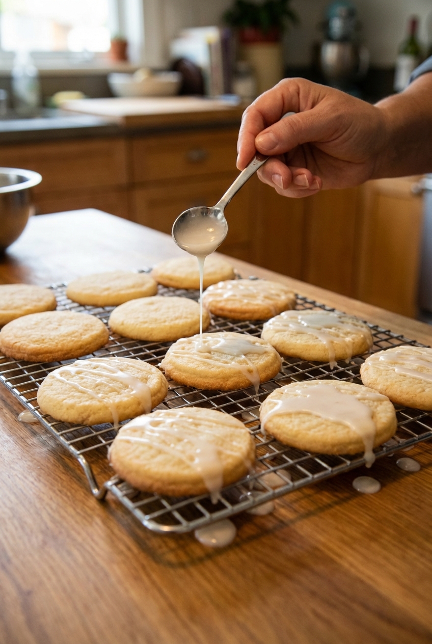 Baked sugar cookies cooling on a wire rack with a small spoon drizzling simple vanilla glaze