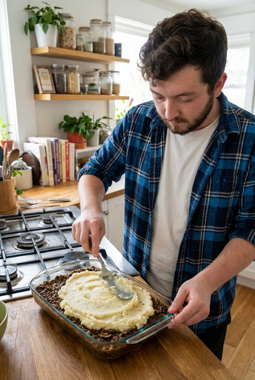 Baking dish of lentil and mushroom filling being topped with a layer of mashed potatoes