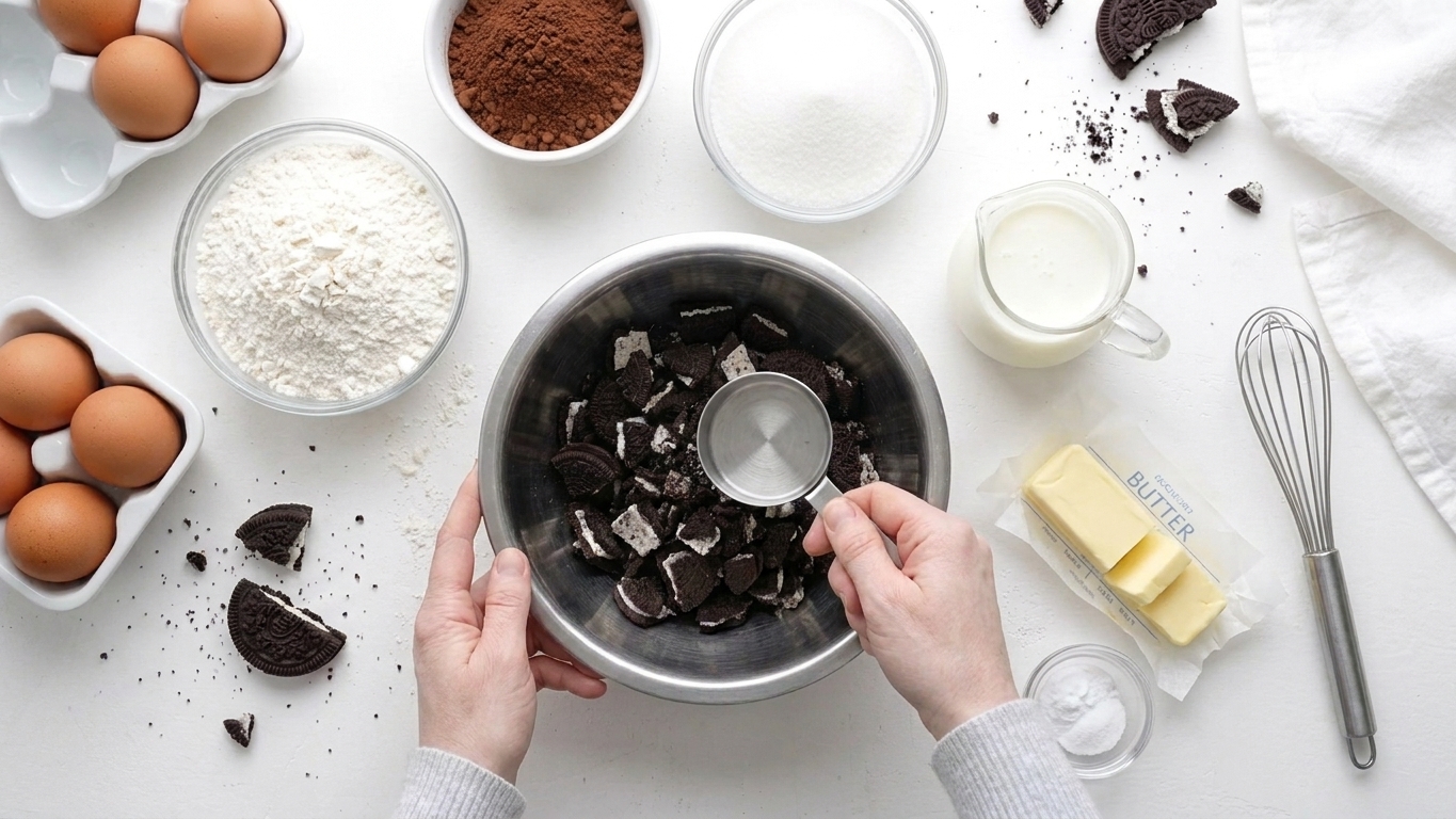 Baking ingredients for Oreo cake on a kitchen counter including flour, cocoa powder, sugar, eggs, sour cream, buttermilk, butter, and a bowl of Oreos