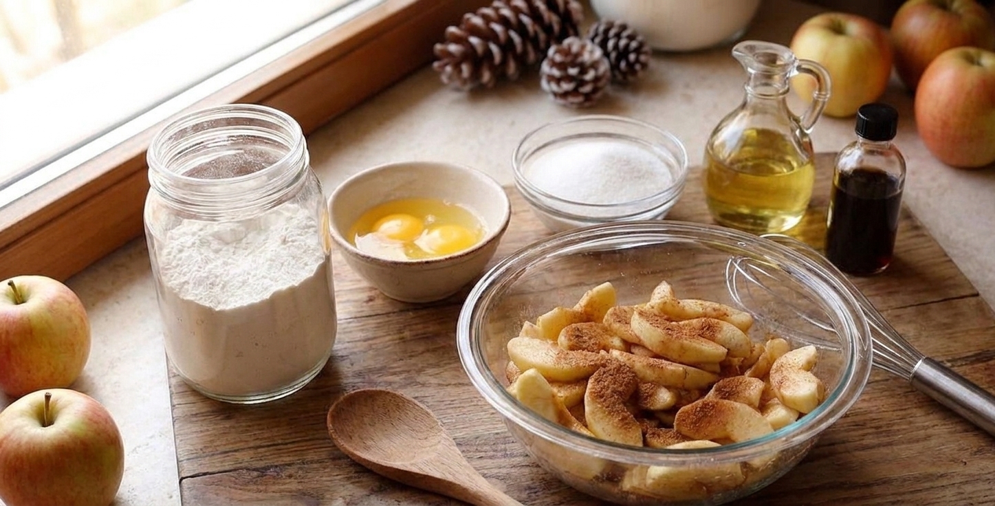 Baking ingredients for apple cake including sliced apples, flour, eggs, sugar, oil, and vanilla arranged on a clean kitchen counter with warm natural light