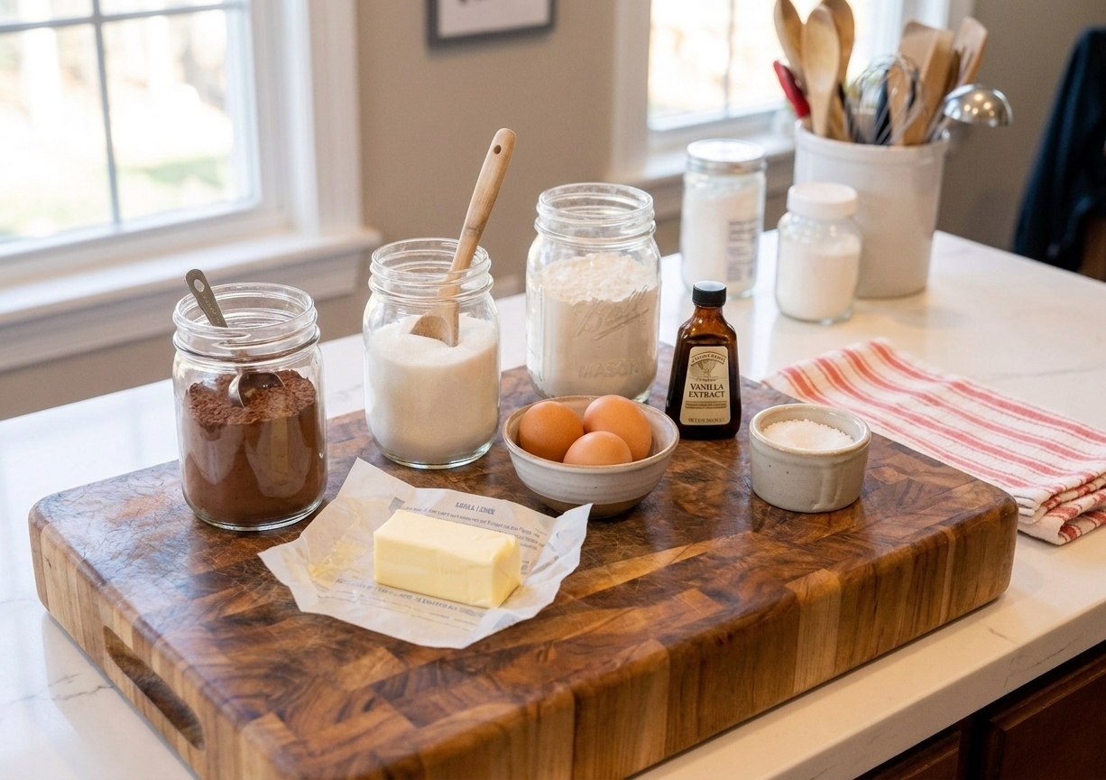 Baking ingredients for brownie pudding including cocoa powder, butter, eggs, sugar, flour, vanilla, and salt arranged on a clean kitchen counter in bright natural light