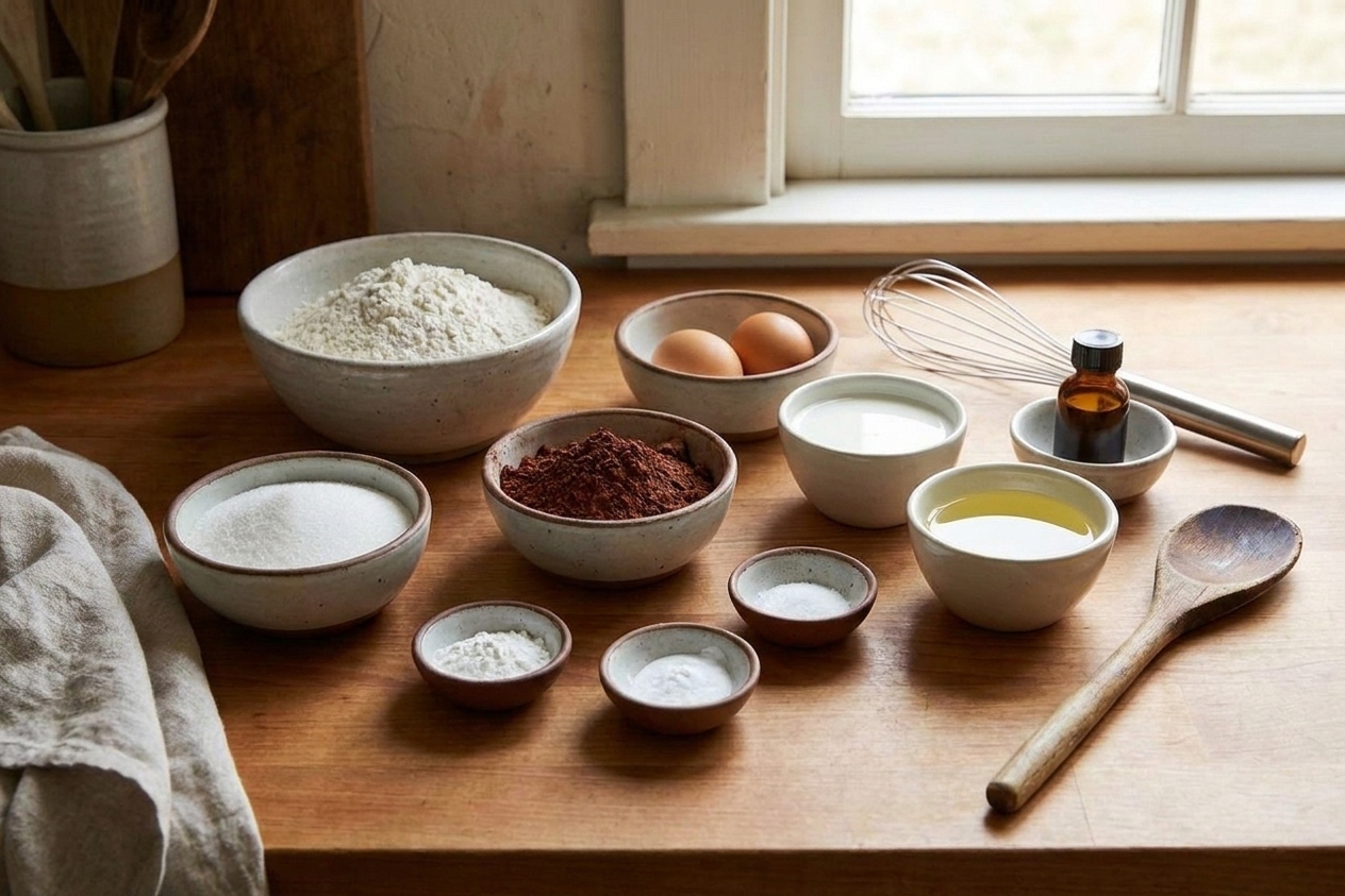 Baking ingredients for chocolate cake including cocoa powder, flour, sugar, baking powder, baking soda, salt, eggs, milk, oil, and vanilla arranged on a wooden kitchen counter in bright natural light