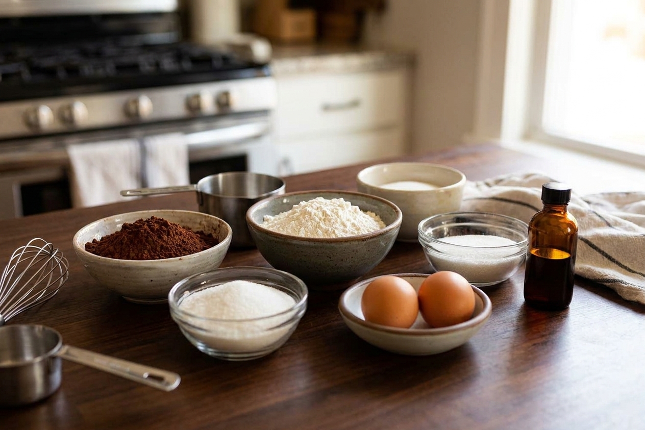 Baking ingredients for chocolate cupcakes including cocoa powder, flour, sugar, eggs, and vanilla arranged on a kitchen counter in small bowls