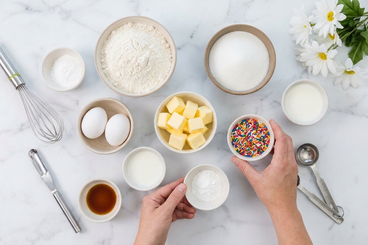 Baking ingredients for confetti cake on a kitchen counter including flour, sugar, butter, eggs, milk, vanilla, baking powder, and rainbow jimmies in small bowls