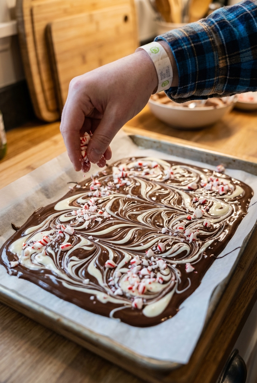 Baking sheet lined with parchment holding swirled melted dark and white chocolate, with crushed peppermint being sprinkled by hand
