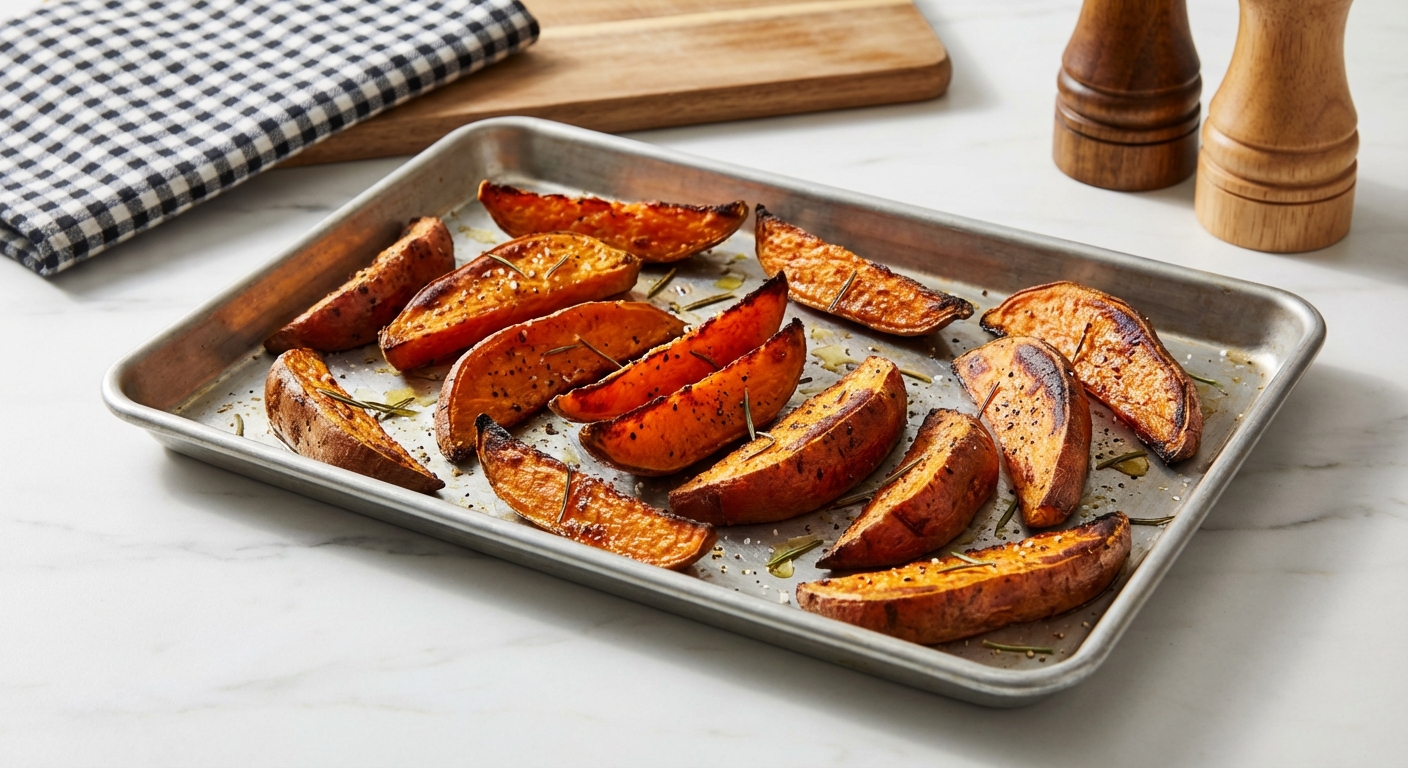 Baking sheet of roasted sweet potato wedges with browned edges