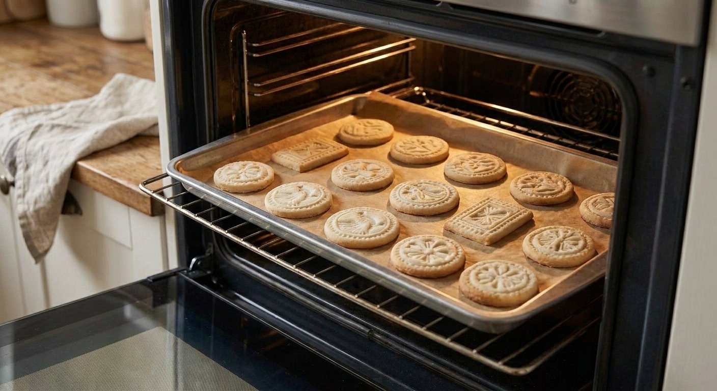 Baking sheet of stamped Springerle cookies in an oven with pale tops and just-beginning golden bottoms