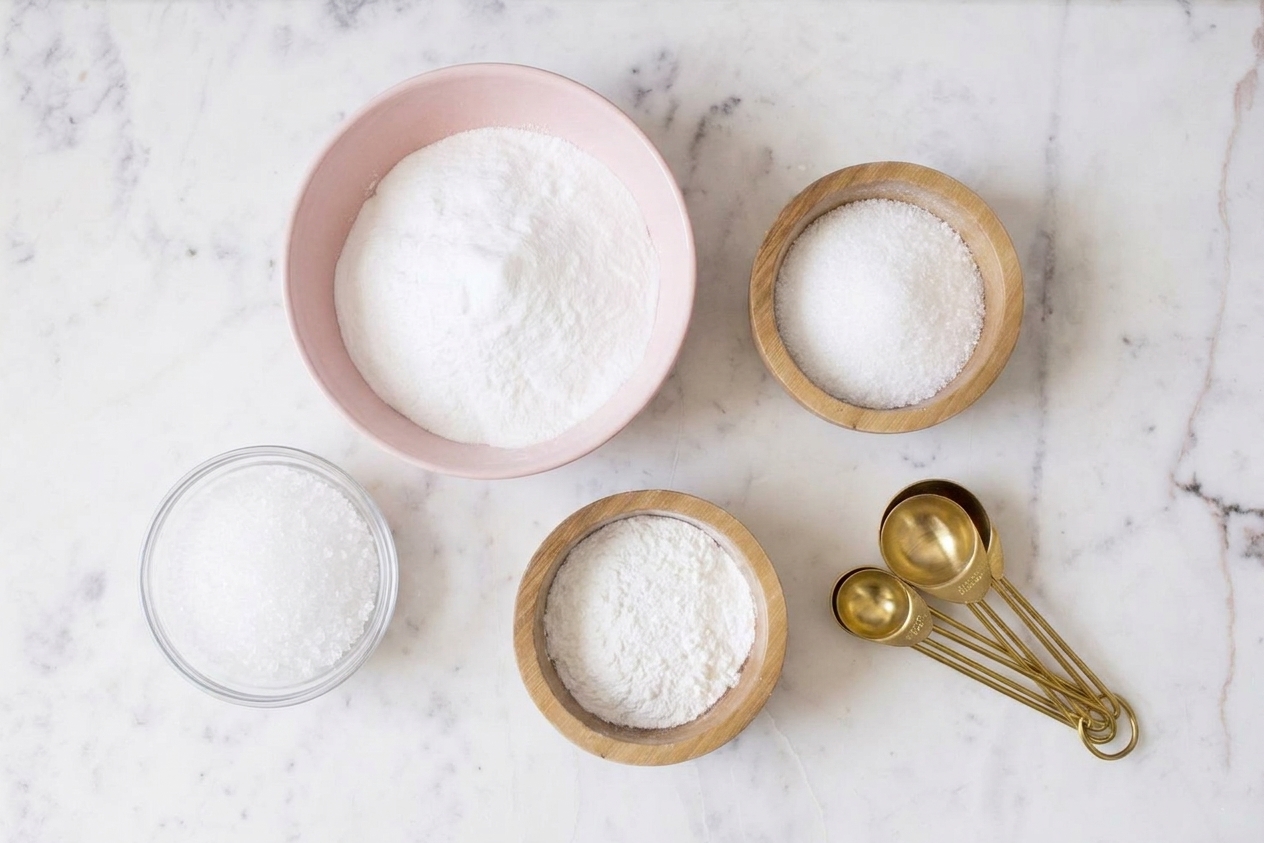 Baking soda, citric acid, cornstarch, and Epsom salt measured into small bowls on a bright kitchen counter