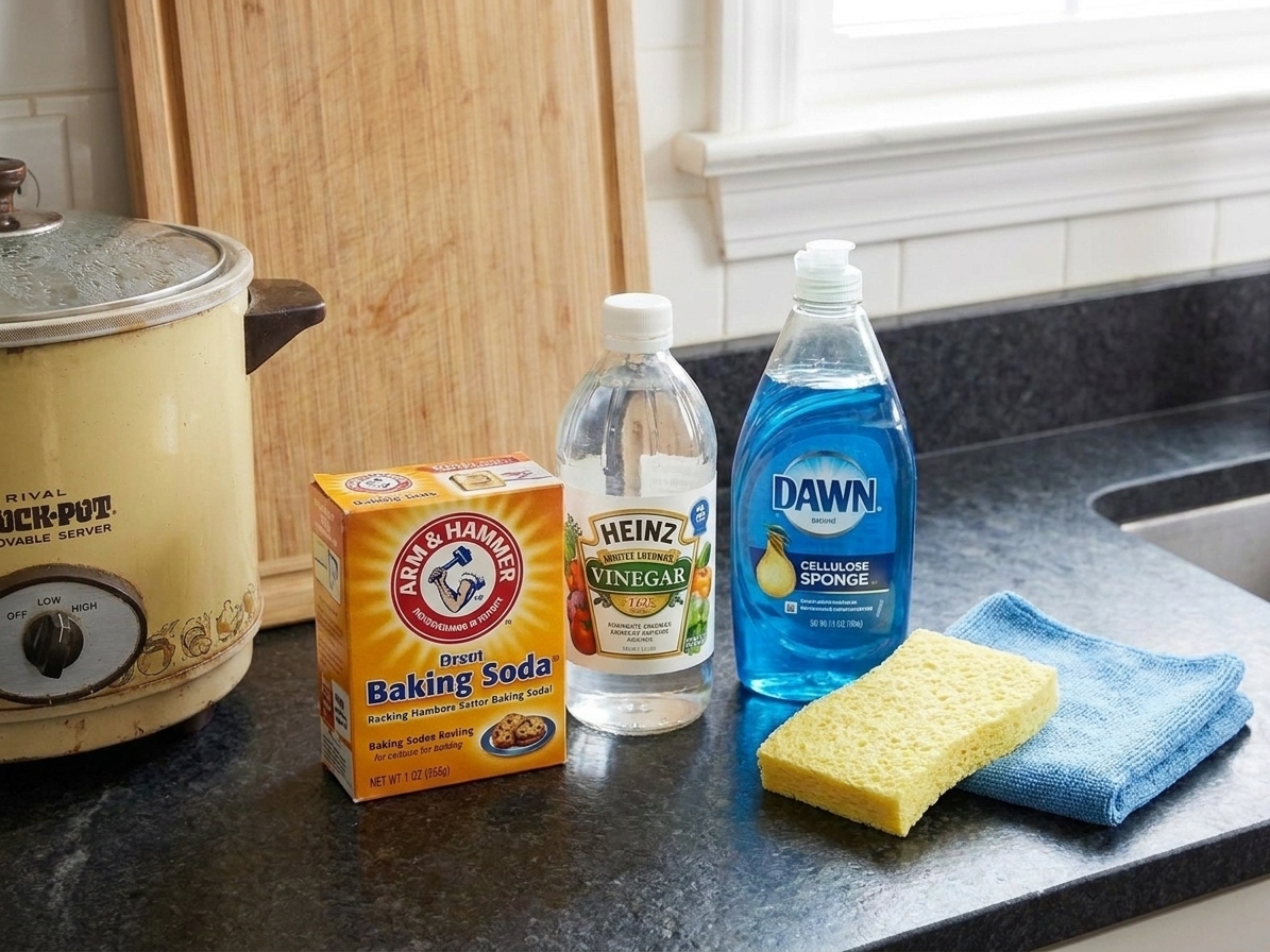 Baking soda, white vinegar, and dish soap arranged on a kitchen counter beside a sponge and microfiber cloth