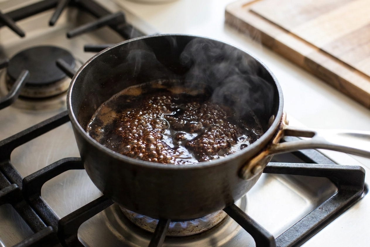 Balsamic vinegar bubbling gently in a small saucepan on a stovetop
