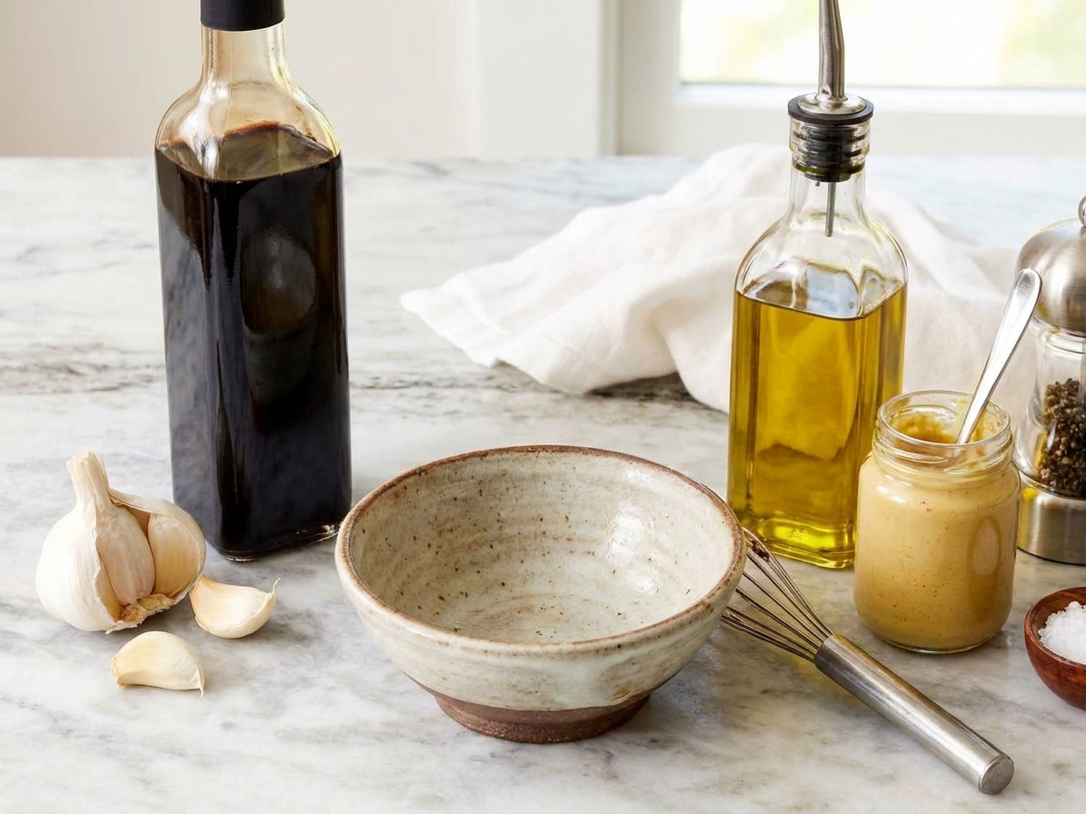 Balsamic vinegar, extra virgin olive oil, Dijon mustard, garlic, salt, and pepper arranged on a kitchen counter with a small bowl and whisk