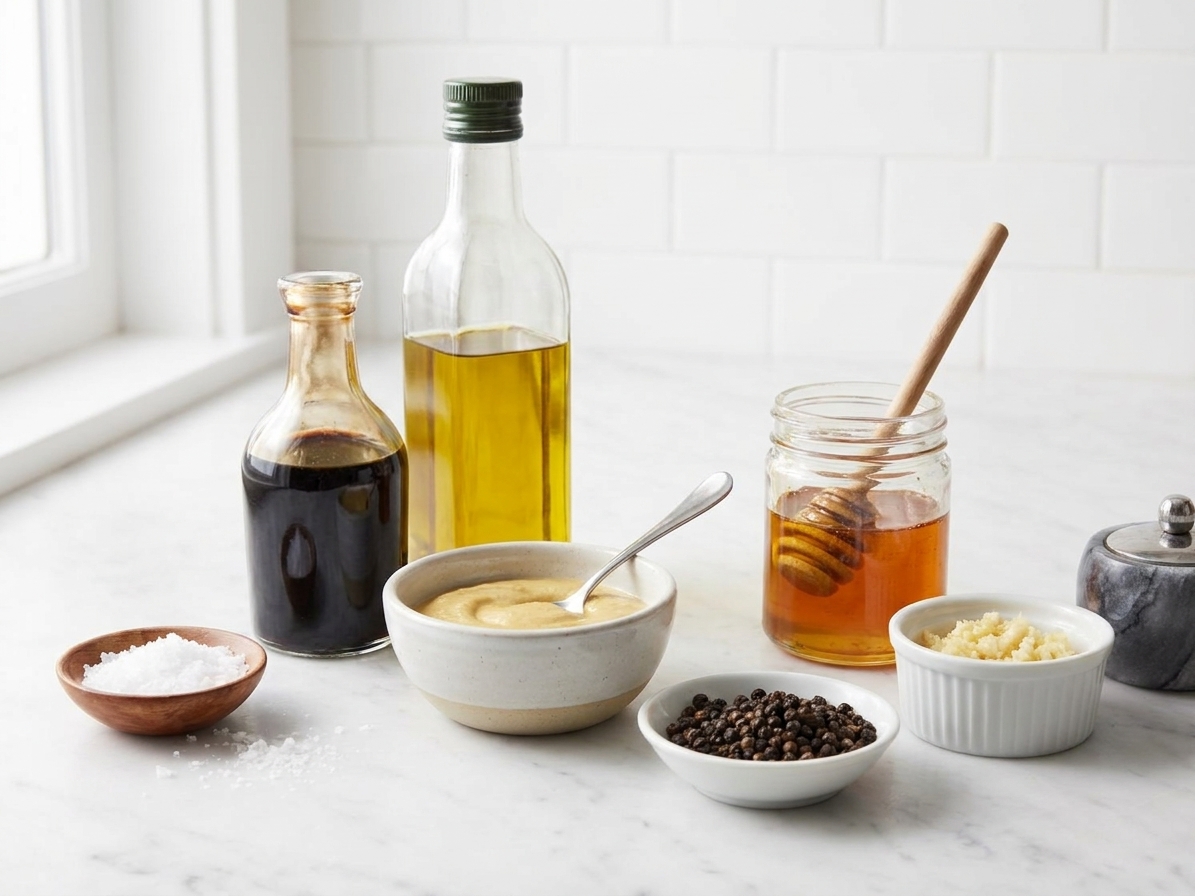 Balsamic vinegar, olive oil, Dijon mustard, honey, garlic, salt, and pepper arranged on a clean kitchen counter in small bowls and bottles