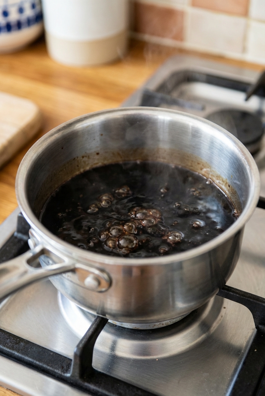 Balsamic vinegar simmering in a small saucepan on a stovetop