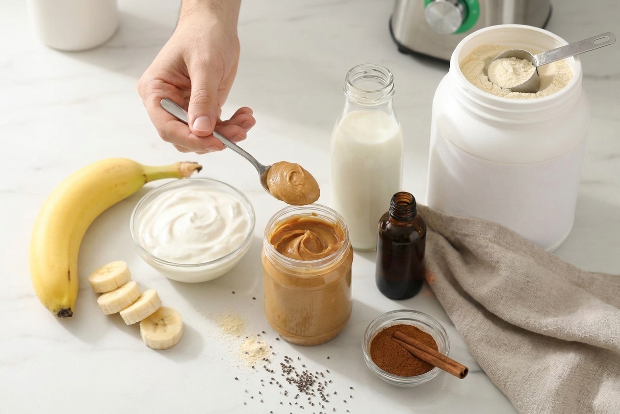 Banana, Greek yogurt, peanut butter, milk, vanilla extract, cinnamon, and a jar of protein powder arranged on a light stone kitchen counter