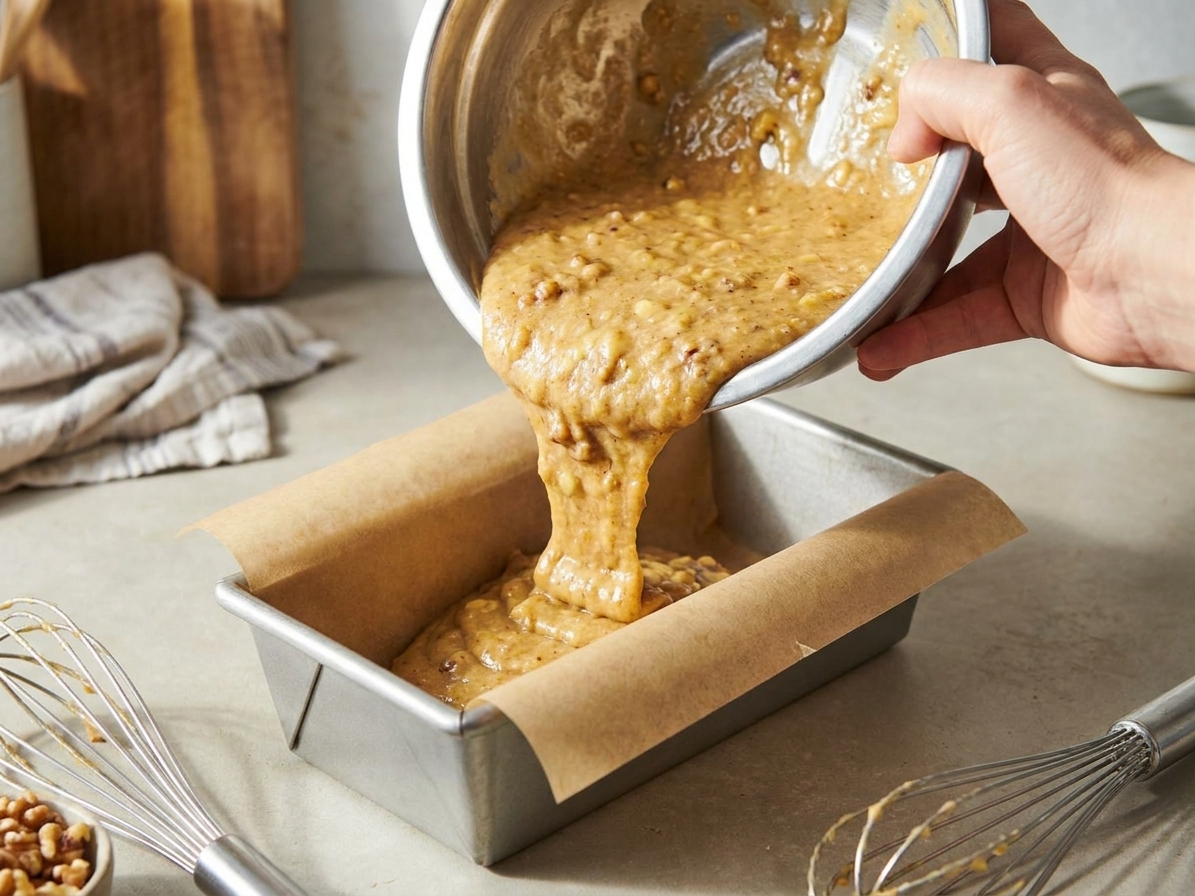 Banana bread batter being poured from a mixing bowl into a parchment-lined loaf pan on a kitchen counter