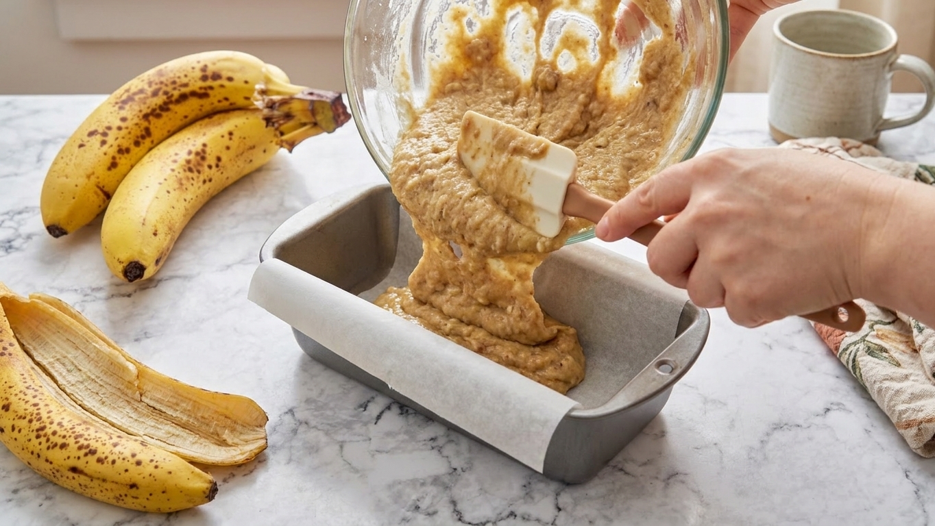 Banana bread batter being scraped into a parchment-lined loaf pan on a kitchen counter