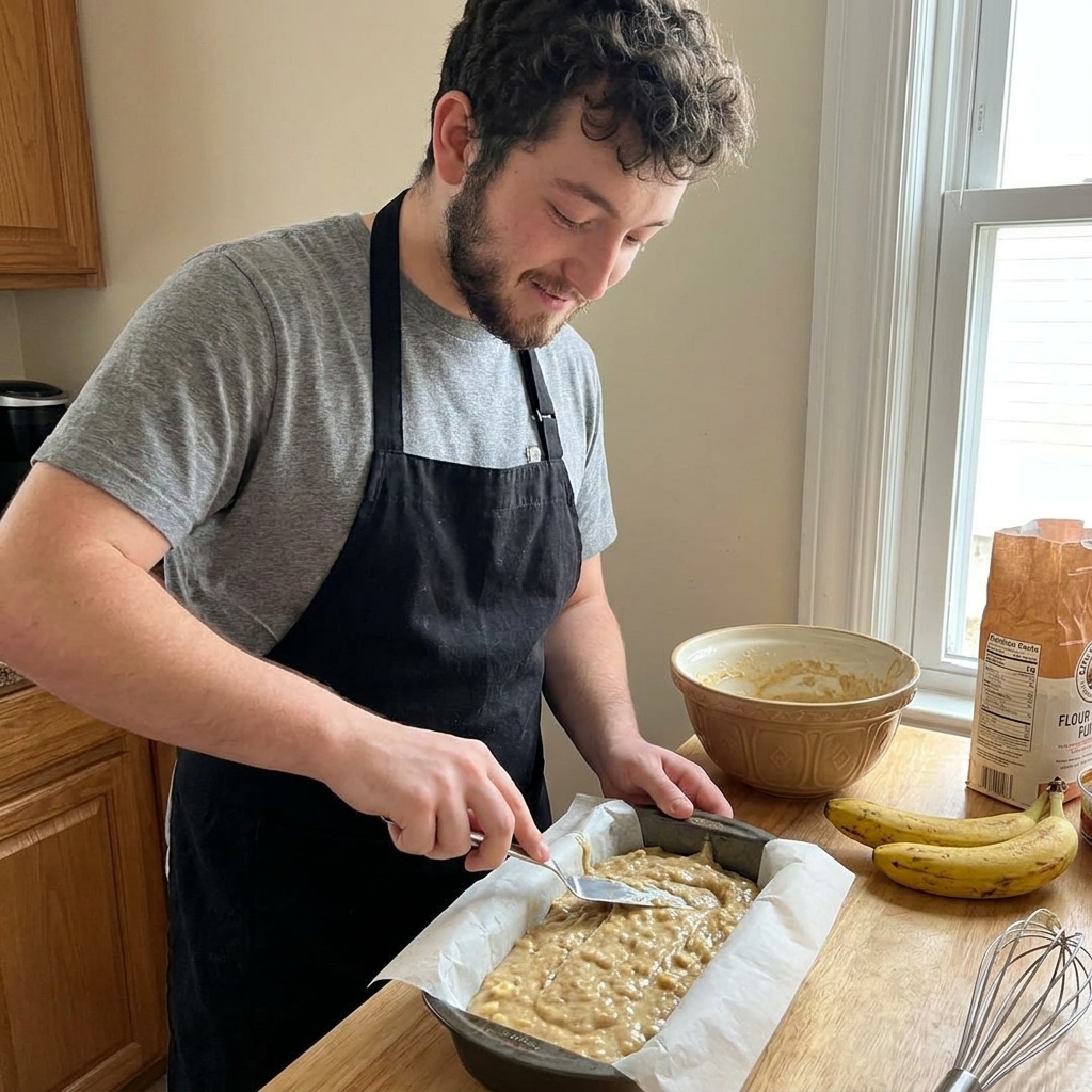 Banana bread batter being spread evenly in a parchment-lined loaf pan on a kitchen counter, real food photography