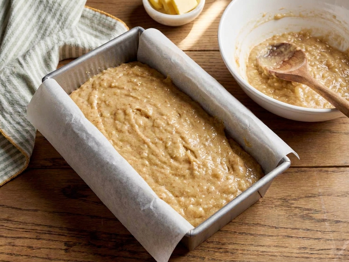 Banana bread batter freshly poured into a parchment lined loaf pan on a kitchen counter