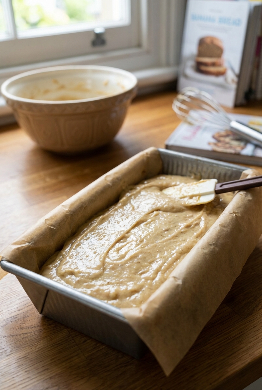 Banana bread batter smoothed in a parchment-lined loaf pan on a countertop, ready to bake