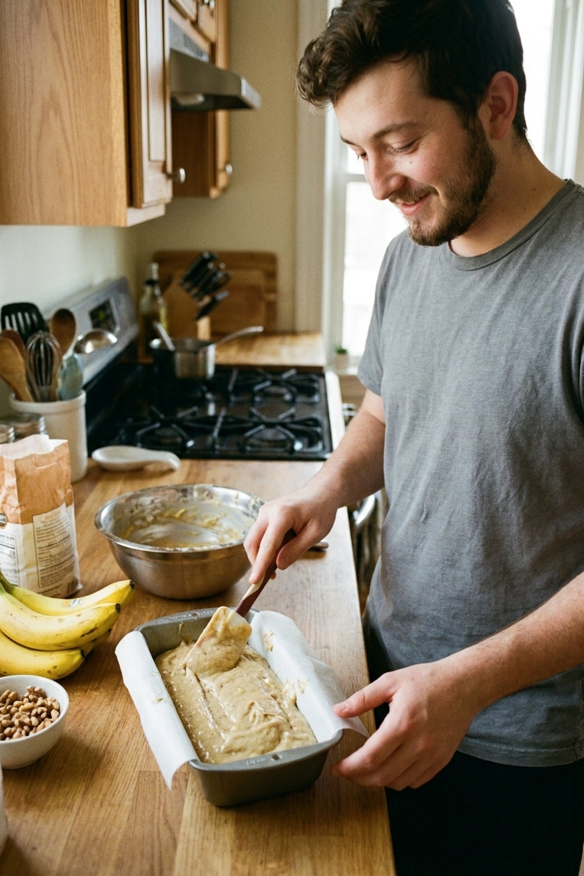 Banana bread batter smoothed in a parchment-lined loaf pan on a kitchen counter before baking
