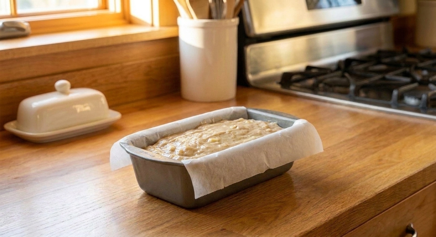 Banana bread batter smoothed in a parchment-lined loaf pan on a kitchen counter