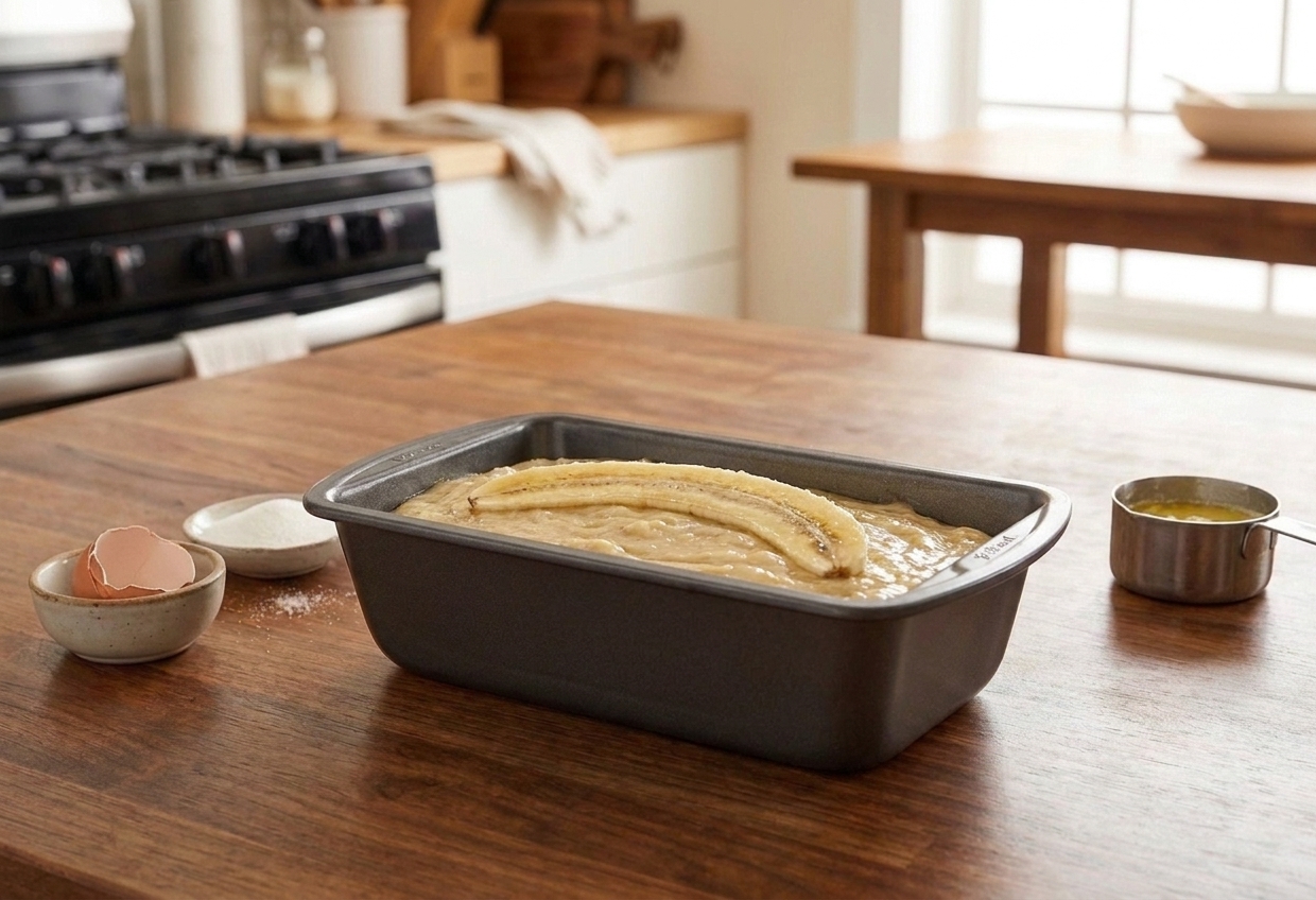 Banana bread batter spread evenly in a loaf pan with a banana sliced lengthwise placed on top
