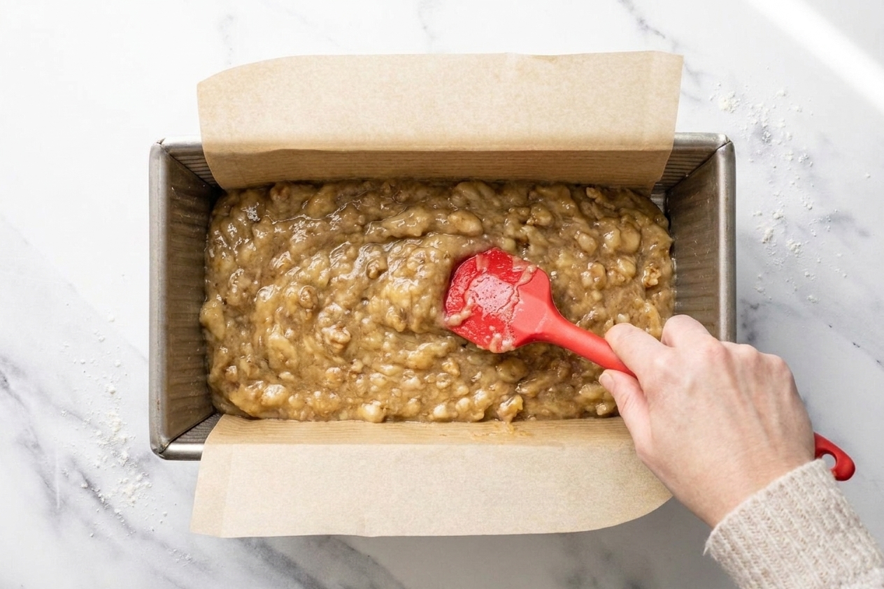 Banana bread batter spread evenly in a parchment-lined loaf pan on a kitchen counter