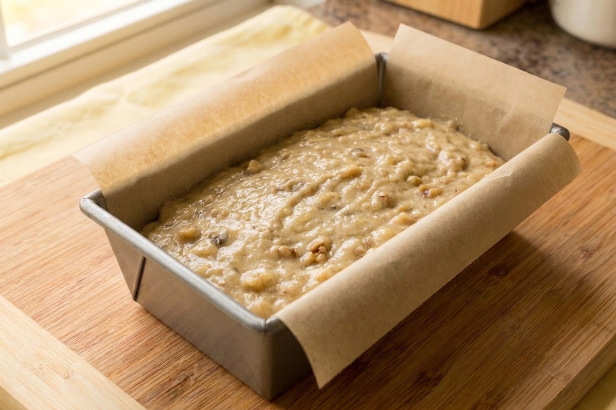 Banana bread batter spread in a parchment-lined loaf pan on a kitchen counter before baking