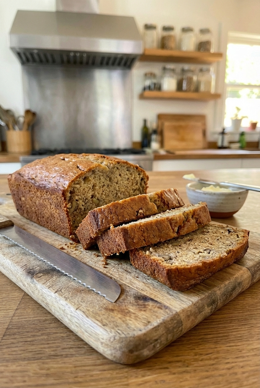 Banana bread loaf sliced on a cutting board
