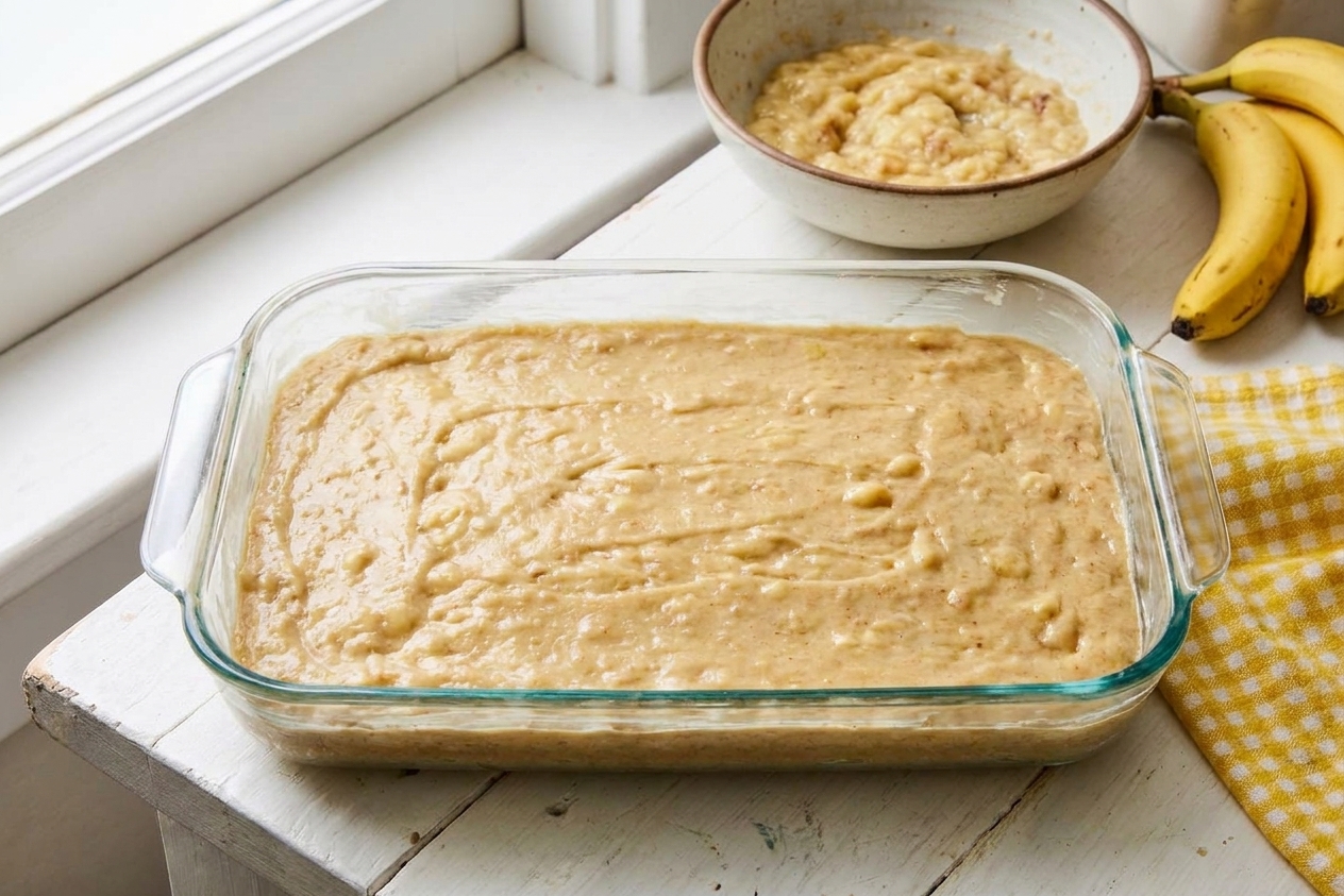 Banana cake batter spread evenly in a greased 9 x 13-inch baking pan on a kitchen counter before baking