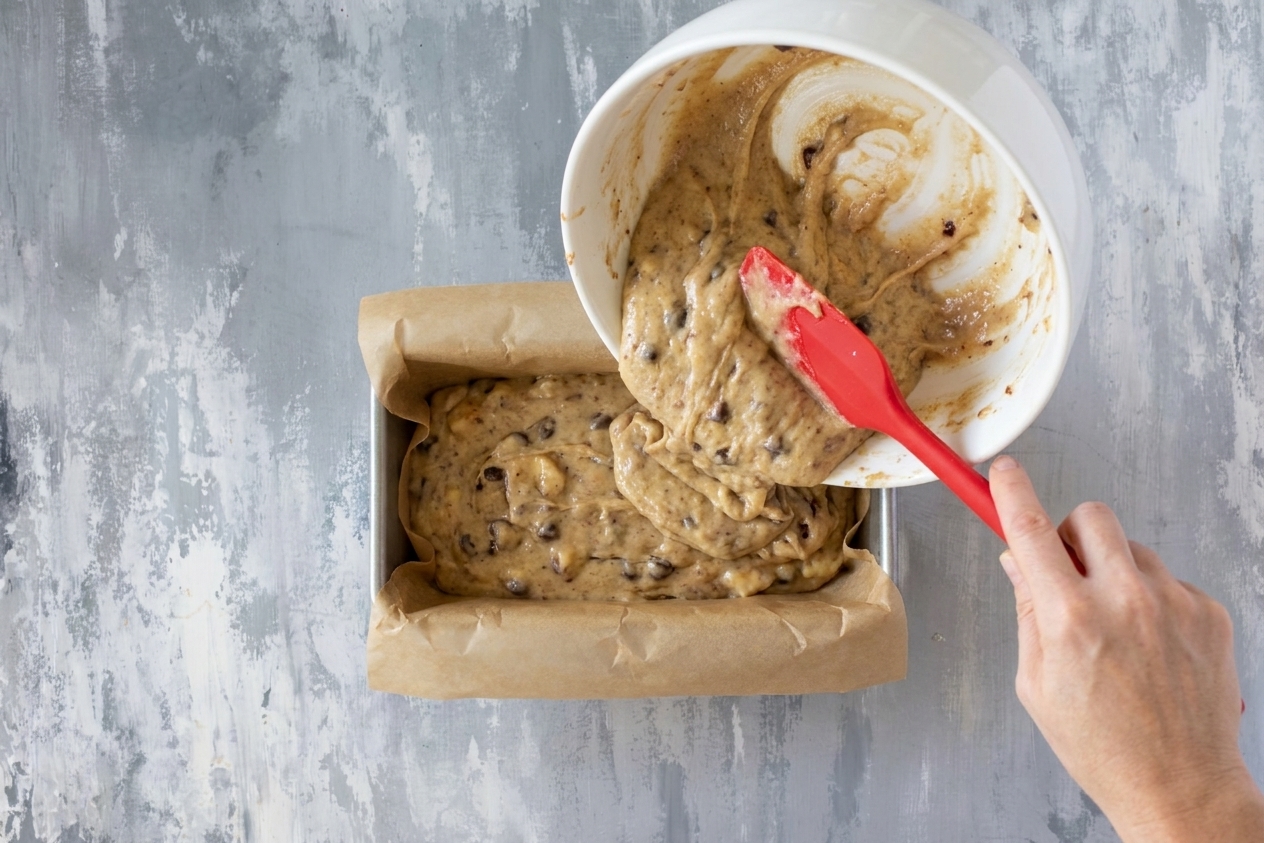 Banana chocolate chip batter being scraped into a parchment lined loaf pan with a rubber spatula on a kitchen counter