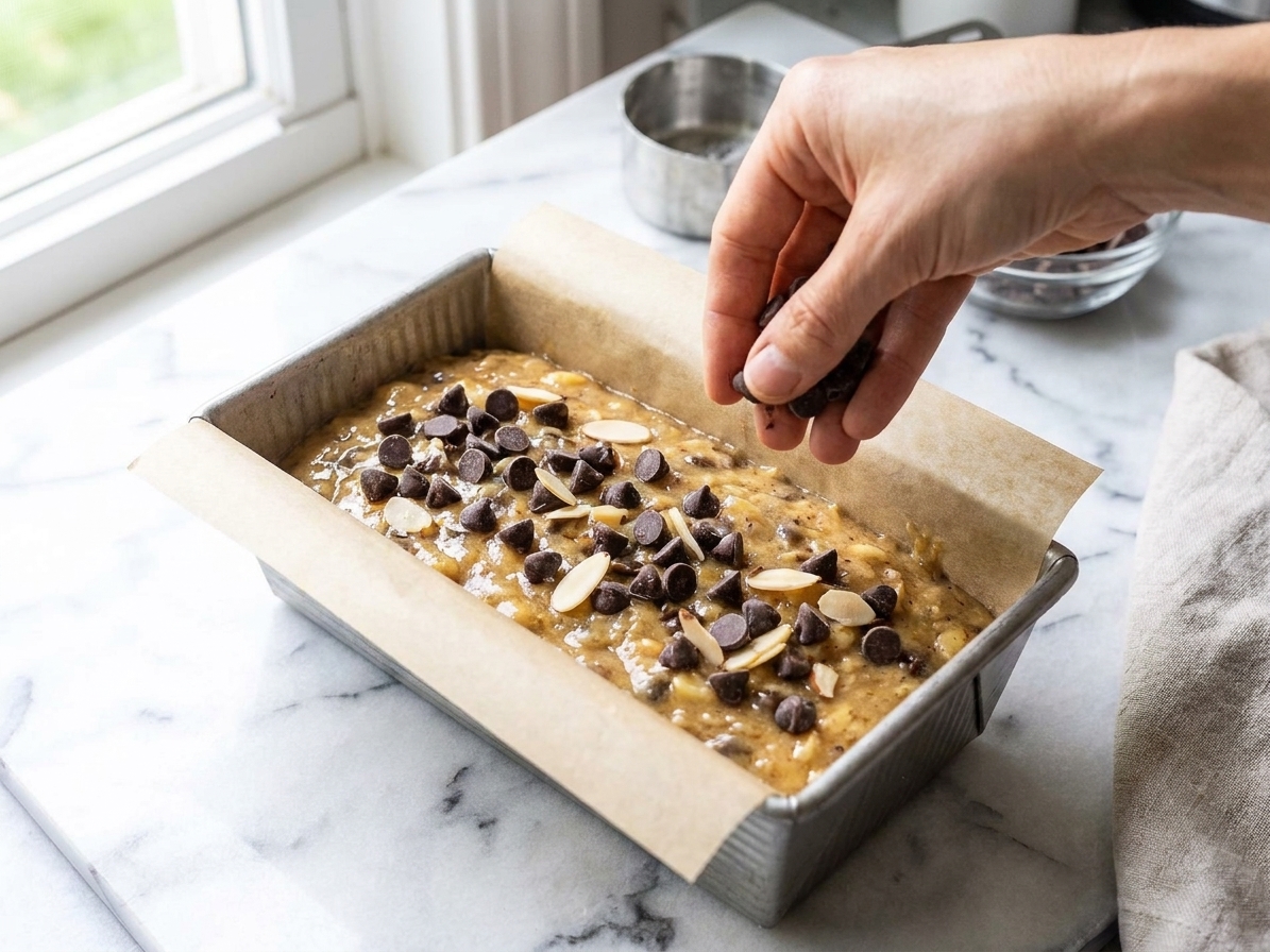 Banana chocolate chip batter spread in a parchment-lined loaf pan with extra chocolate chips sprinkled on top