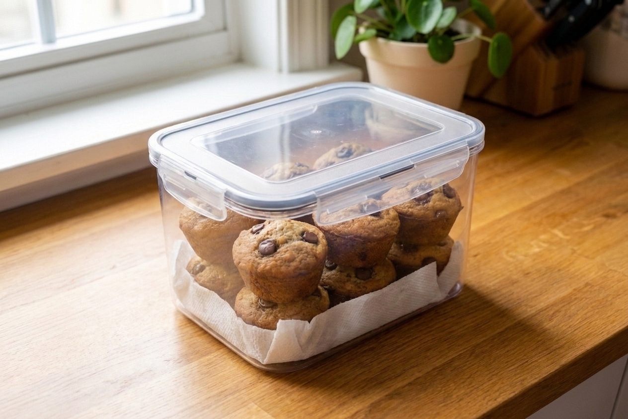 Banana chocolate chip muffins stored in a clear airtight container lined with paper towels on a kitchen counter