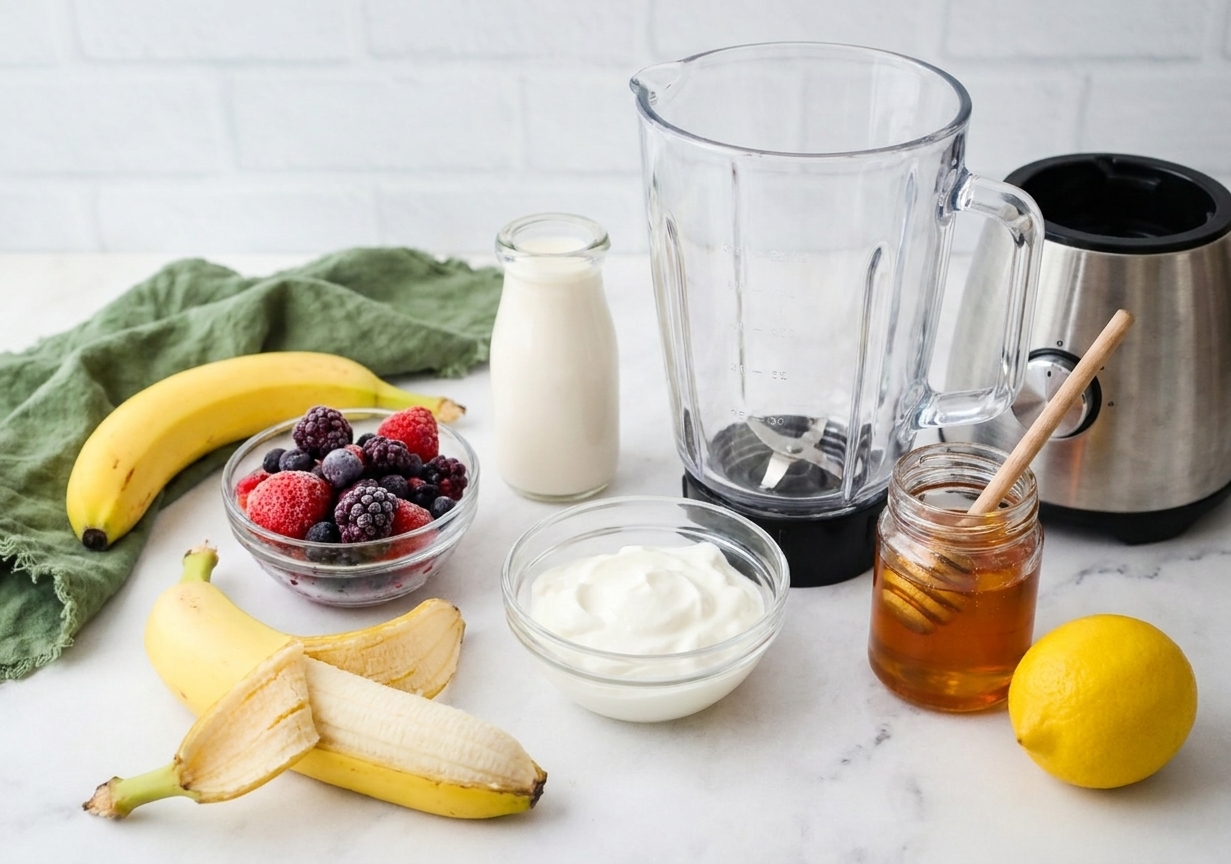 Banana, frozen mixed berries, Greek yogurt, milk, honey, and a lemon on a clean kitchen counter ready to blend