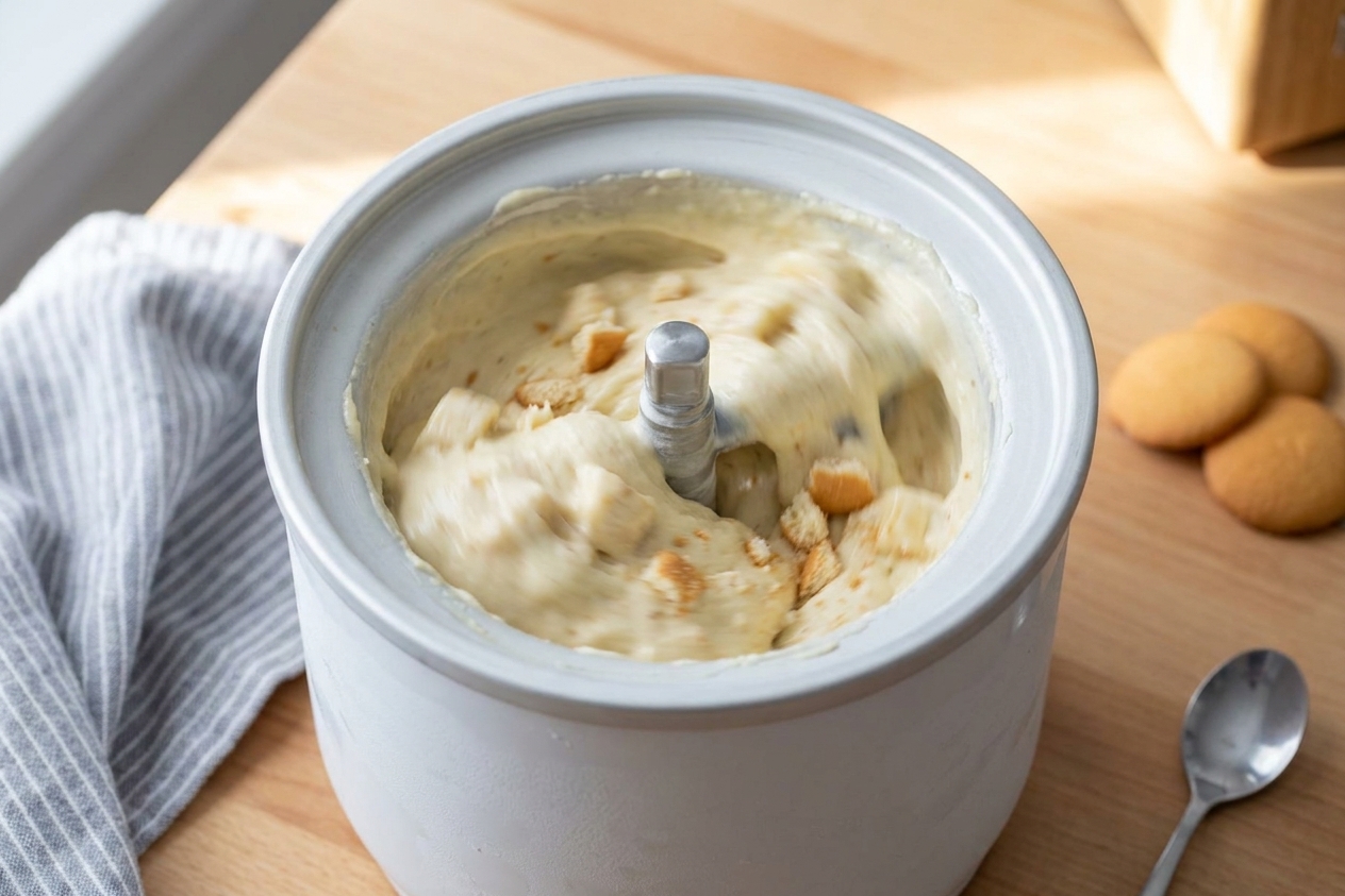 Banana ice cream base churning inside an ice cream maker bowl on a bright kitchen counter