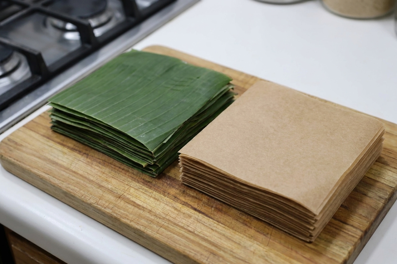 Banana leaf squares and parchment squares stacked on a wooden cutting board, ready for wrapping