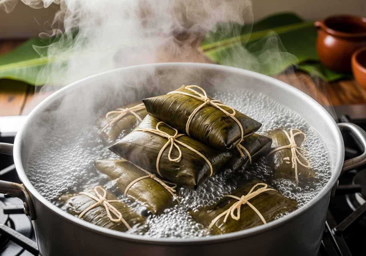 Banana leaf wrapped pasteles gently simmering in a large pot of water on a stovetop
