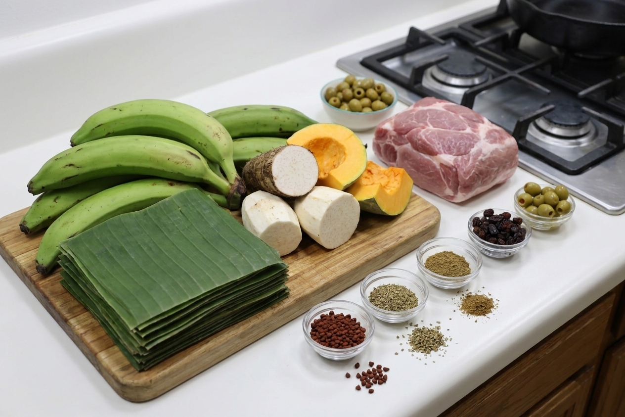 Banana leaves, green bananas, green plantains, yautia, calabaza squash, pork shoulder, olives, raisins, and spices arranged on a bright kitchen counter