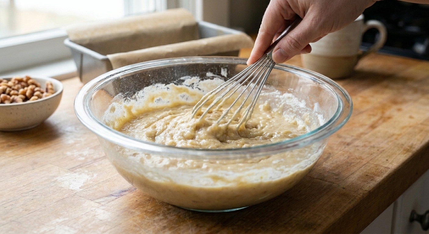 Banana loaf batter being whisked in a glass mixing bowl on a kitchen counter