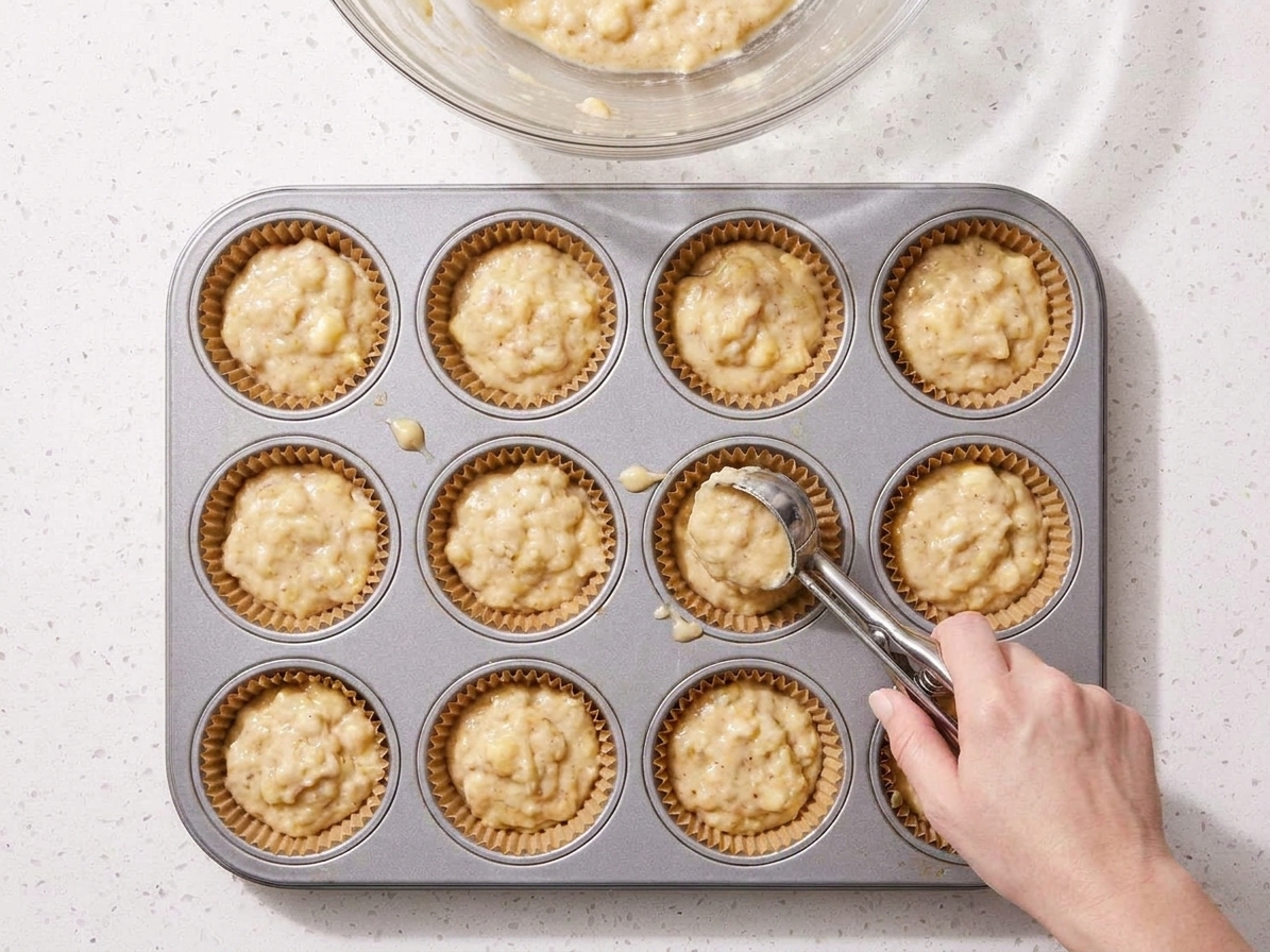 Banana muffin batter portioned into a lined muffin tin on a kitchen counter before baking