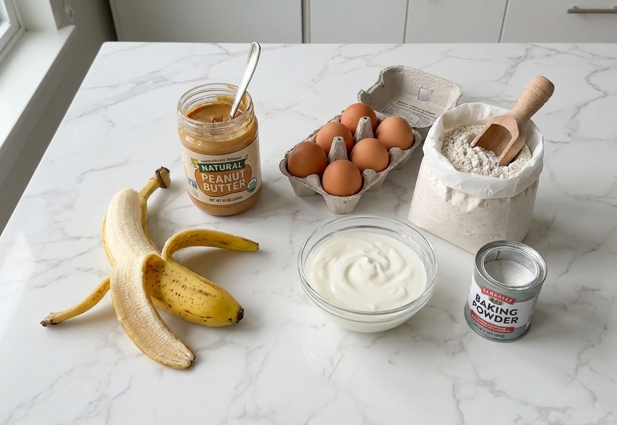 Banana, natural peanut butter, eggs, oat flour, baking powder, and plain yogurt arranged on a clean kitchen counter
